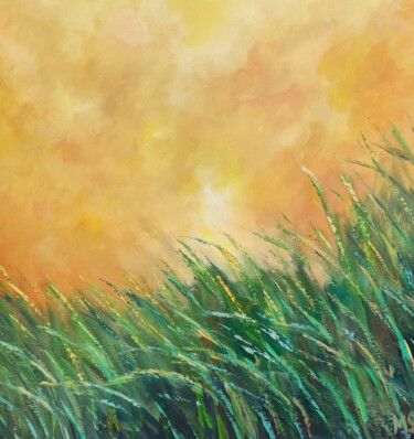 Painting titled "Honey sunset" by Maria Slynko, Original Artwork, Oil Mounted on Wood Stretcher frame
