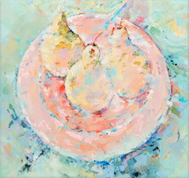 Painting titled "Pears on a pink bac…" by Maria Smetanina, Original Artwork, Tempera