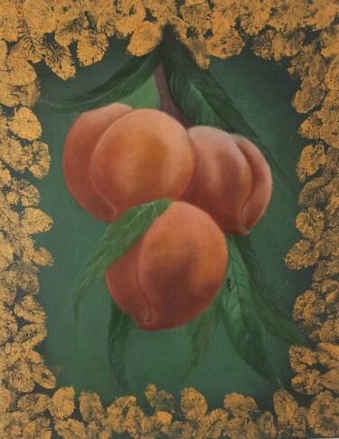 Painting titled "персики с золотыми…" by Maria Solntseva, Original Artwork, Oil