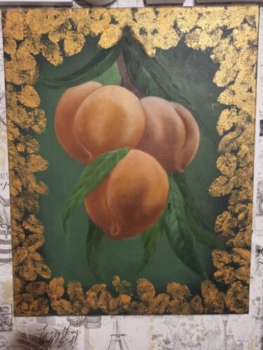 Peinture intitulée "Персики с золотыми…" par Maria Solntseva, Œuvre d'art originale, Huile