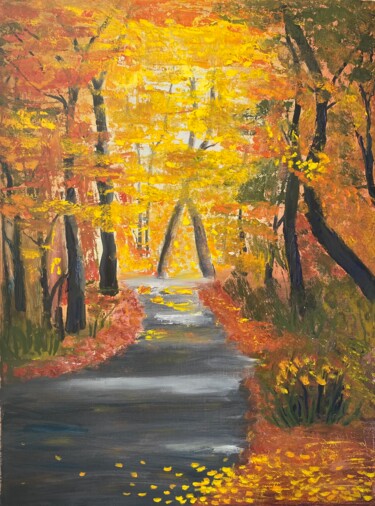 Painting titled "Autumn forest" by Maria Sotnikova, Original Artwork, Oil Mounted on Wood Stretcher frame