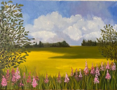 Painting titled "Sunny day landscape…" by Maria Sotnikova, Original Artwork, Oil Mounted on Wood Stretcher frame