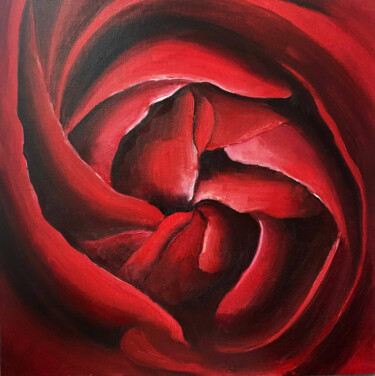 Painting titled "Red Rose bud" by Maria Sotnikova, Original Artwork, Oil Mounted on Cardboard