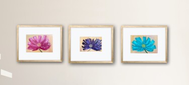 Painting titled "Triptych pink blue…" by Maria Sotnikova, Original Artwork, Oil Mounted on Wood Stretcher frame