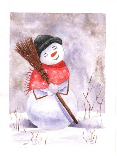 Картина под названием "Snowman illustration" - Maria Sotnikova, Подлинное произведение искусства, Акварель