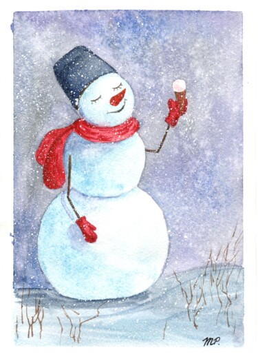 Pittura intitolato "Watercolor snowman…" da Maria Sotnikova, Opera d'arte originale, Acquarello