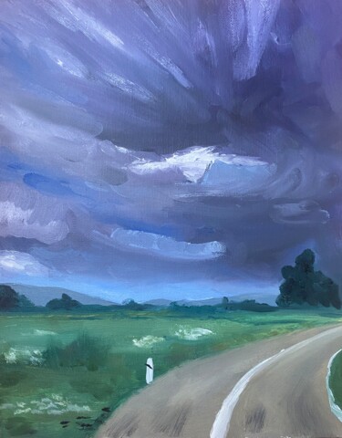 Painting titled "Before the rain" by Maria Sotnikova, Original Artwork, Oil Mounted on Cardboard