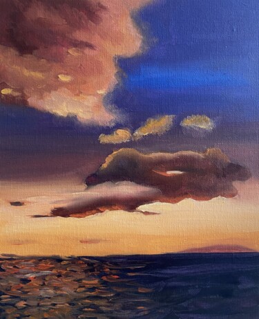 Painting titled "Sunset at the sea /…" by Maria Sotnikova, Original Artwork, Oil Mounted on Cardboard