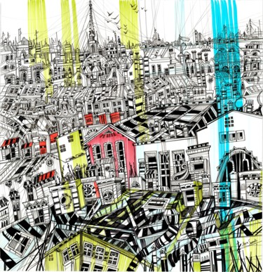 Drawing titled "Green Roofs" by Maria Susarenko, Original Artwork, Ballpoint pen