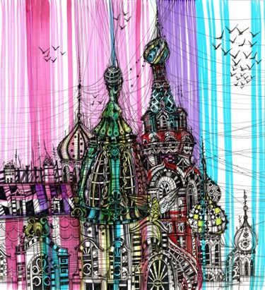 Dessin intitulée "Church of the Savio…" par Maria Susarenko, Œuvre d'art originale, Stylo à bille Monté sur Carton