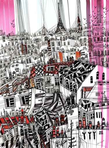 Tekening getiteld "Pink Sky of Paris" door Maria Susarenko, Origineel Kunstwerk, Balpen