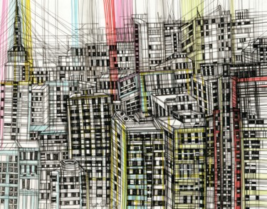 Drawing titled "City Lights" by Maria Susarenko, Original Artwork, Ballpoint pen