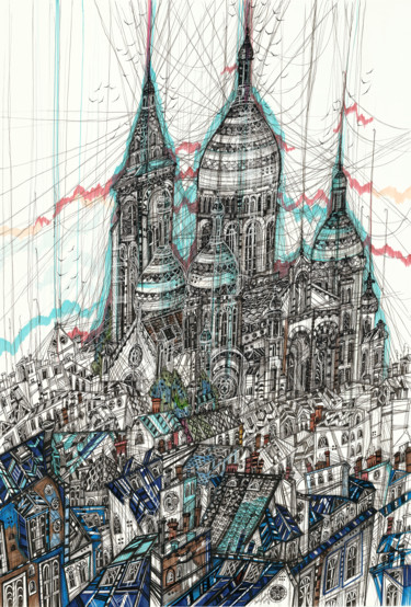 Drawing titled "Sacre-Coeur Basilica" by Maria Susarenko, Original Artwork, Ballpoint pen