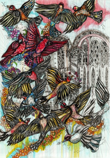 Drawing titled "Blueberry Birds" by Maria Susarenko, Original Artwork, Ink