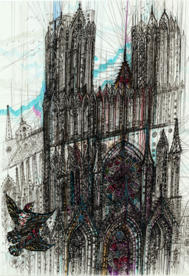 Tekening getiteld "Reims Cathedral" door Maria Susarenko, Origineel Kunstwerk, Marker Gemonteerd op Karton