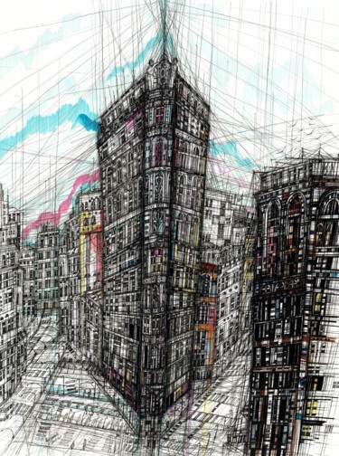Tekening getiteld "Flatiron Building" door Maria Susarenko, Origineel Kunstwerk, Balpen