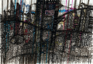 Drawing titled "Blade Runner City" by Maria Susarenko, Original Artwork, Ink Mounted on Plexiglass