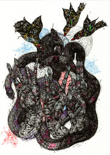 Disegno intitolato "Mudras&Snakes" da Maria Susarenko, Opera d'arte originale, Inchiostro