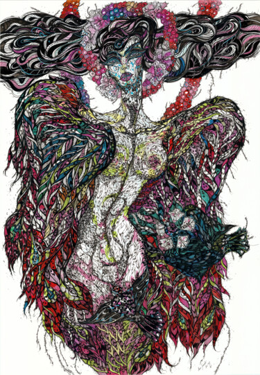 Painting titled "Sirin. The Magic Bi…" by Maria Susarenko, Original Artwork, Gel pen