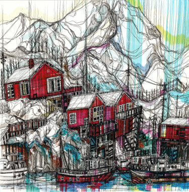 Dibujo titulada "Lofoten. Norway" por Maria Susarenko, Obra de arte original, Pluma de gel