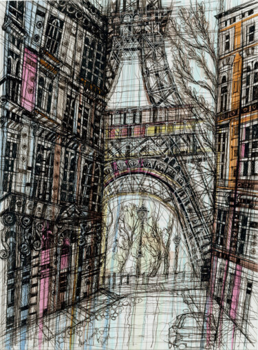 Pittura intitolato "Paris. Tour Eiffel" da Maria Susarenko, Opera d'arte originale, Inchiostro Montato su Cartone