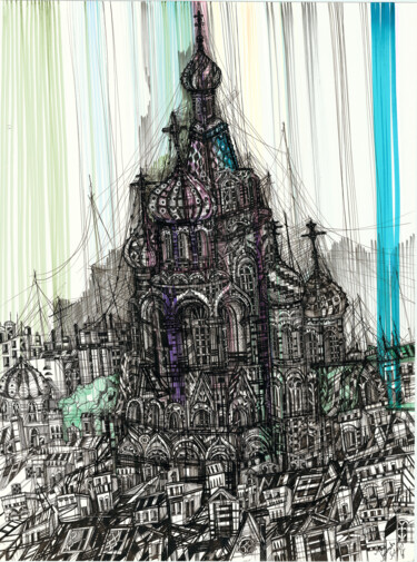 Painting titled "The Church Of The S…" by Maria Susarenko, Original Artwork, Ballpoint pen