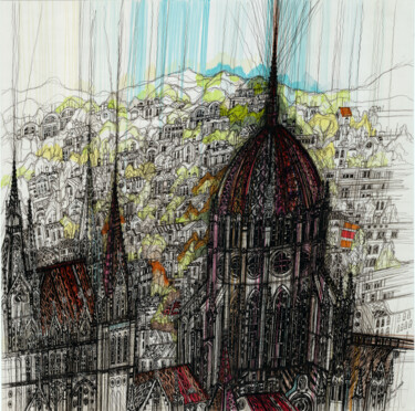 Drawing titled "Budapest Cityscape" by Maria Susarenko, Original Artwork, Gel pen