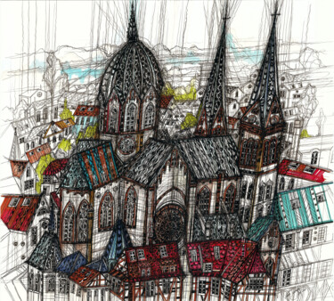 Tekening getiteld "Altstadt Heppenheim" door Maria Susarenko, Origineel Kunstwerk, Gelpen