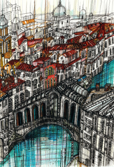 Рисунок под названием "Rialto Bridge" - Maria Susarenko, Подлинное произведение искусства, Гелевая ручка