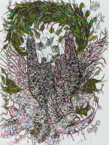 Drawing titled "The Mudra of Peace" by Maria Susarenko, Original Artwork, Ballpoint pen