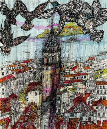 Dessin intitulée "Galata Tower" par Maria Susarenko, Œuvre d'art originale, Encre