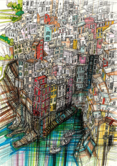 Картина под названием "Cinque Terre" - Maria Susarenko, Подлинное произведение искусства, Гелевая ручка