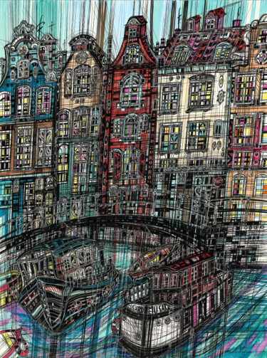 Rysunek zatytułowany „Amsterdam. Boats” autorstwa Maria Susarenko, Oryginalna praca, Marker