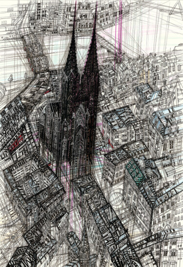 Disegno intitolato "Cologne Cathedral" da Maria Susarenko, Opera d'arte originale, Inchiostro