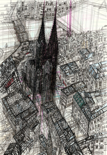 Dessin intitulée "Cologne Cathedral" par Maria Susarenko, Œuvre d'art originale, Encre