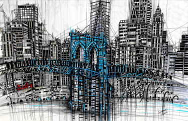 Dessin intitulée "Brooklyn Bridge" par Maria Susarenko, Œuvre d'art originale, Stylo à bille