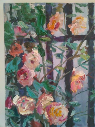Painting titled "roses on a gate" by Maria Tava, Original Artwork, Oil