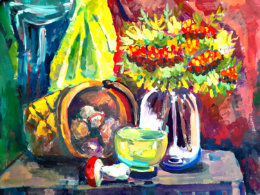 Still life with a basket, mushroom, bowl, bouquet in a glass Peinture intitulée "Still life with a b…" par Maria Terskikh, Œuvre d'art originale, Gouache