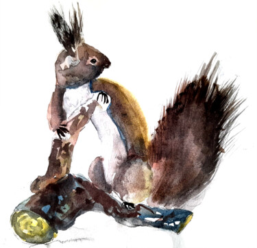 Painting titled "Animal squirrel on…" by Maria Terskikh, Original Artwork, Watercolor
