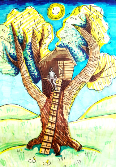 Pintura titulada "Sunny day, house, t…" por Maria Terskikh, Obra de arte original, Rotulador
