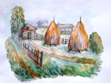 Malerei mit dem Titel "landscape, village,…" von Maria Terskikh, Original-Kunstwerk, Aquarell