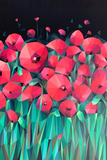 Painting titled "FIRE POPPIES" by Maria Tuzhilkina, Original Artwork, Acrylic Mounted on Wood Stretcher frame