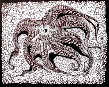 Painting titled "OCTOPUS ON ICE" by Maria Tuzhilkina, Original Artwork, Marker Mounted on Wood Stretcher frame