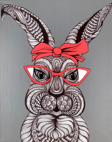 Painting titled "CHRISTMAS RABBIT" by Maria Tuzhilkina, Original Artwork, Marker Mounted on Wood Stretcher frame