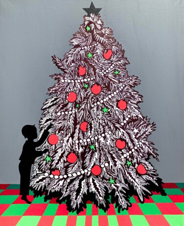 Painting titled "CHRISTMAS TREE" by Maria Tuzhilkina, Original Artwork, Gel pen Mounted on Wood Stretcher frame