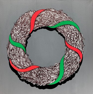 Peinture intitulée "CHRISTMAS WREATH" par Maria Tuzhilkina, Œuvre d'art originale, Marqueur Monté sur Châssis en bois