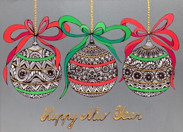 Painting titled "NEW YEAR POSTCARD" by Maria Tuzhilkina, Original Artwork, Marker