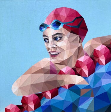 Painting titled "CHAMPION SWIMMER" by Maria Tuzhilkina, Original Artwork, Acrylic Mounted on Wood Stretcher frame