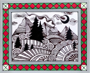 Painting titled "WINTER FAIRY TALE" by Maria Tuzhilkina, Original Artwork, Marker Mounted on Wood Stretcher frame