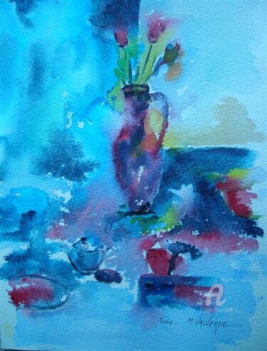 Painting titled "vase bleu" by Maria Valverde, Original Artwork